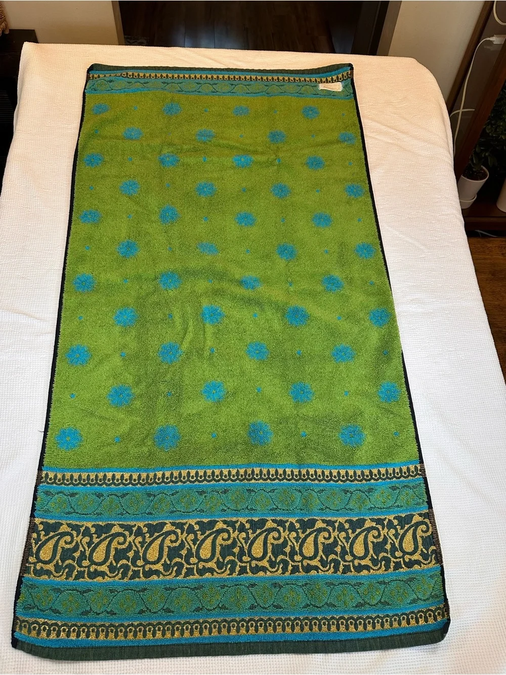 Vintage Callaway 3 pc bath towel hand towel set 60’s 70’s MCM blue green gold